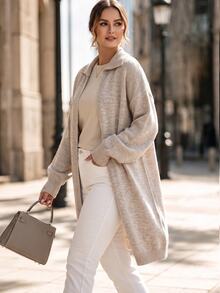 Velvienne Women's Oversized Long Knit Cardigan, Dropped Shoulder Lantern Sleeve Open Front No-Button Loose Casual Sweater Jacket, Autumn/Winter Outerwear - Apricot - View 1