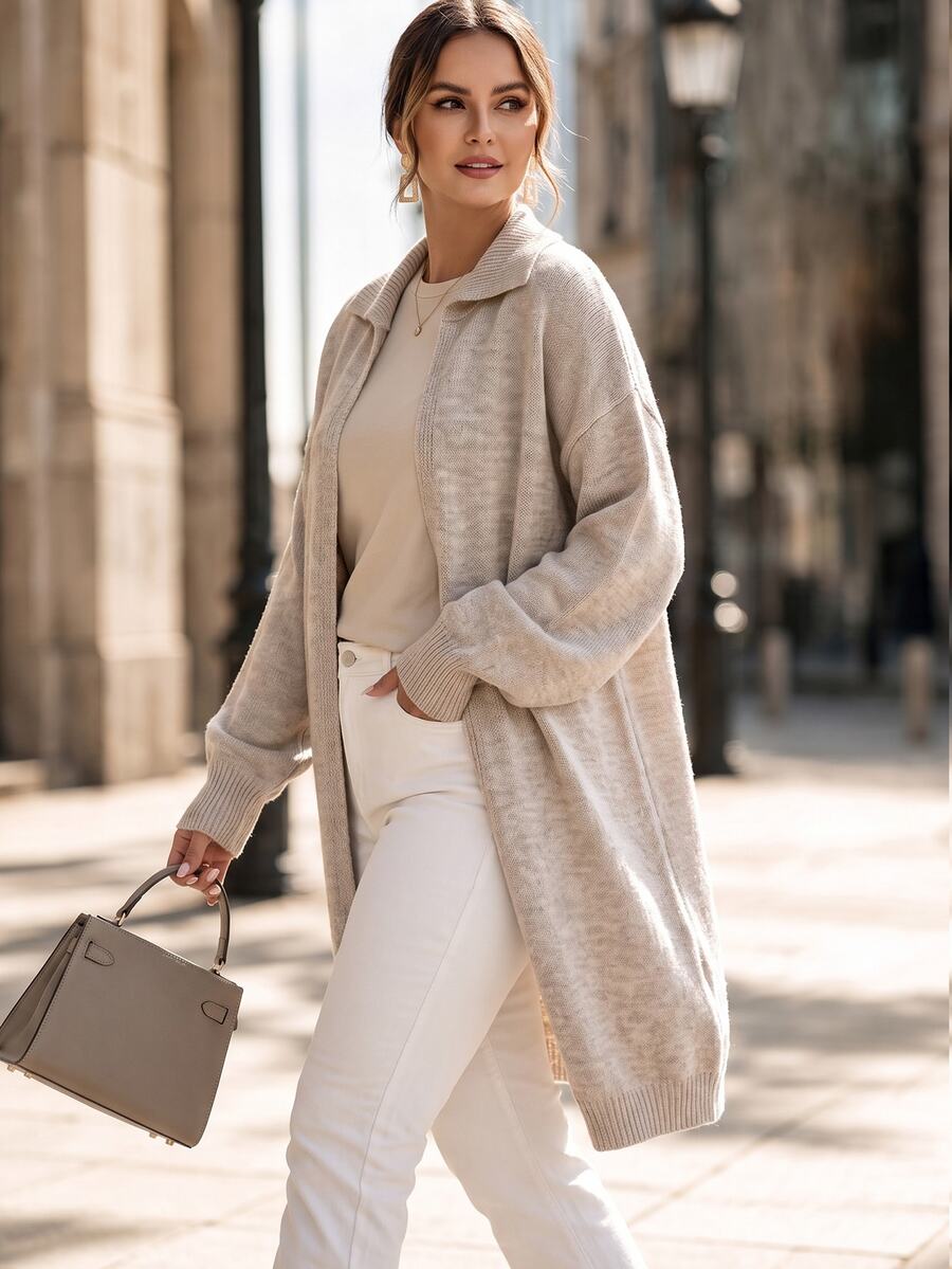 Velvienne Women's Oversized Long Knit Cardigan, Dropped Shoulder Lantern Sleeve Open Front No-Button Loose Casual Sweater Jacket, Autumn/Winter Outerwear - Apricot - View 1