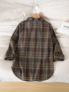 SHEIN Tween Girls Plaid Button Down Shirt Long Sleeve Curved Hem Collar Blouse Fall Winter Outfits Casual Brown Jacket Top - Brown - View 2