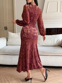 DAZY V-Neck Slit Waist-Cinching Elegant Women's Dress - Burgundy - View 2
