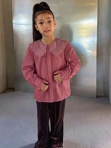 DAZY Tween Girl Fall Clothes Girls (Large) Lace Doll Face Puff Long Sleeve Sweet Blouse - Hot Pink - View 4