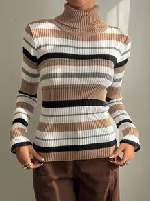 DAZY Women's Striped Turtleneck Long Sleeve Fitted Casual Versatile Sweater - Multicolor - View 4