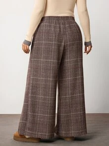 Enliva Plus Size Elastic Waist Plaid Straight Leg Loose Pants Compatible With Apple Body Round Body - Brown - View 2
