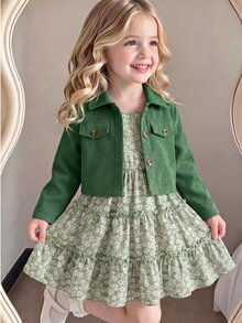 SHEIN Vintaside Kids 女童小燈芯絨夾克花卉細肩帶背心 7 歲生日禮物洋裝 2 件套上衣 翻領短款長袖內搭 秋季嬰兒 - 綠色 - 查看 1