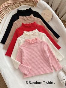 SHEIN 3件組女嬰長袖高領上衣套裝－黑色－適合秋冬，隨機3件 - 粉色 - 查看 1