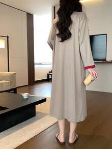 DAZY 2pcs Contrast Color Long Strap Dress & Long Cardigan Robe Autumn Women's Sleepwear Set - Camel - View 2