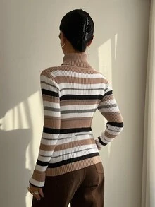 DAZY Women's Striped Turtleneck Long Sleeve Fitted Casual Versatile Sweater - Multicolor - View 3