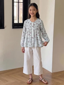 Dazy Kids 圓領可愛花卉長袖秋季甜美女孩風 (大號) 上衣 - 藍色 - 查看 4
