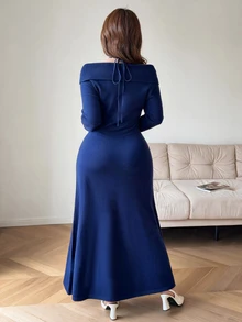Feyla Plus Size Women Solid Color Off-Shoulder Long Sleeve Elegant Knit Dress - Navy Blue - View 4
