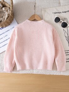 SHEIN Girls' Soft Thick Yarn Cable Knit Round Neck Sweater, Raglan Sleeve Loose Casual Knit Top For Autumn/Winter - Baby Pink - View 2
