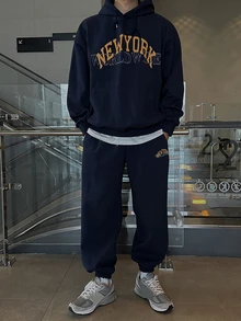 DAZY Autumn/Winter Thermal Lined Navy Blue Letter Print Men's Hoodie Sweatshirt Set - Navy Blue - View 4