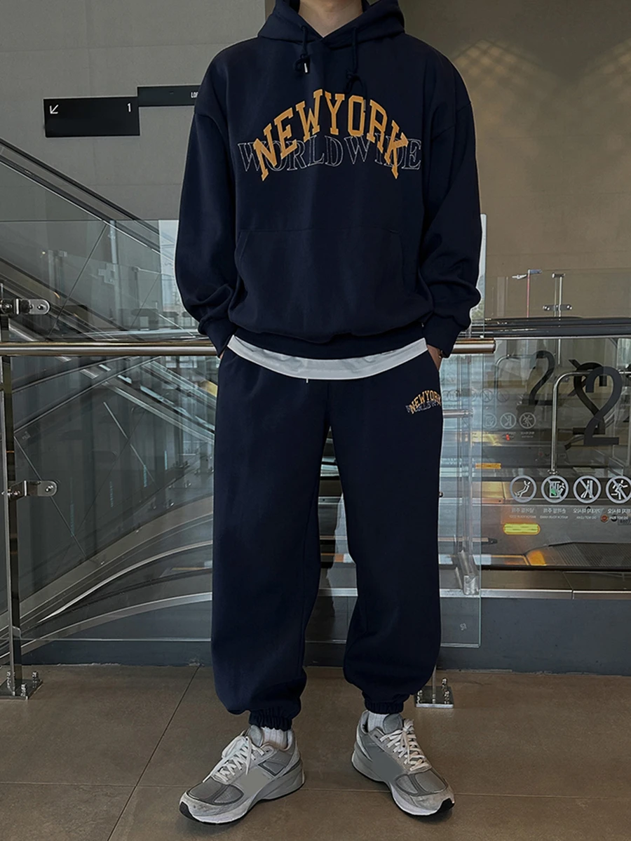DAZY Autumn/Winter Thermal Lined Navy Blue Letter Print Men's Hoodie Sweatshirt Set - Navy Blue - View 1