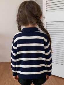 Hapijoa Young Girl Fall Clothes Young Girl) Patchwork Contrast Color Ruffle Trim Fitted Long Sleeve Round Neck Drawstring Tie Casual Cardigan - Navy Blue - View 4