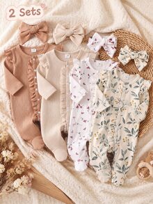 SHEIN Vintaside Kids 2套新生兒長袖連身褲，可愛花卉印花，杏色羅紋髮帶，居家穿著，百搭時尚，最佳選擇，新生兒完美禮物 - 彩色 - 查看 8