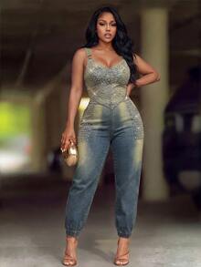 BriallanyX BriallanyX Plus Size Denim Jumpsuit With Large Rhinestone Embellishment - Blue - View 5