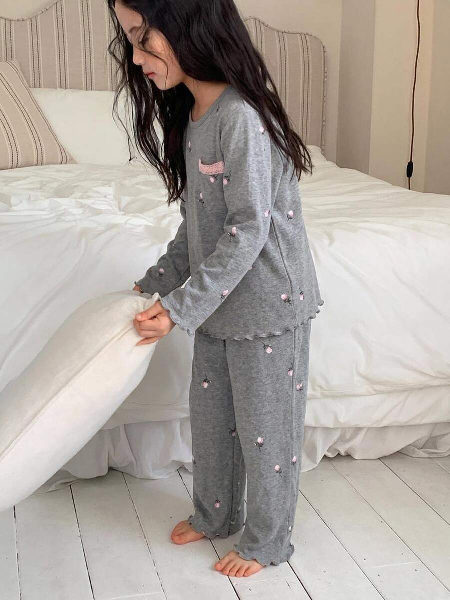 Dazy Kids 女童寬鬆版型圓領落肩長袖休閒舒適居家服 - 灰色 - 查看 1