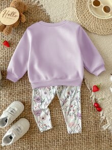 SHEIN 女嬰加厚抓絨套頭秋季衛衣，可愛鴨子刺繡圖案，百搭花卉彈性印花內搭褲套裝，適合冬季 - 淡紫色 - 查看 2