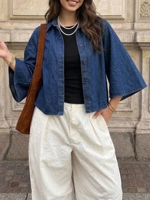 Livesso Dazy Plus Summer Autumn Cotton Collared Flared Sleeve Silhouette Short Loose Dark Blue Denim Top - Dark Wash - View 4