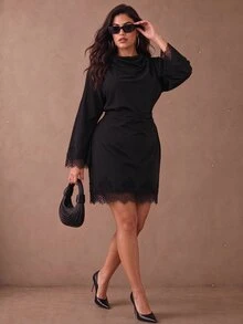 Juhart Plus Size Elegant Stand Collar Ruched Waist Flared Sleeve Lace Patchwork Hem Black Dress - Black - View 1