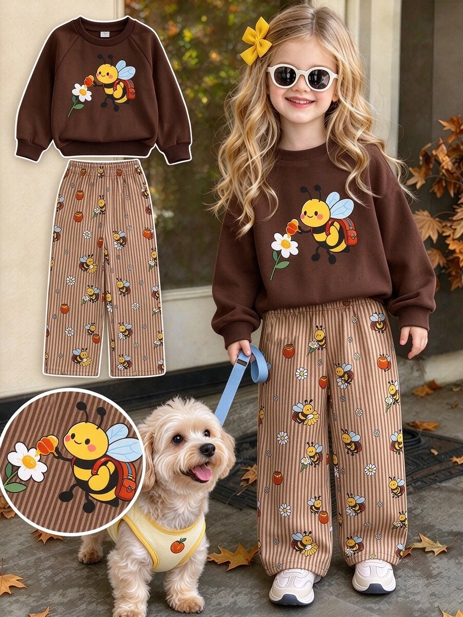 SHEIN Playful Pals 2件組女童套裝,可愛卡通蜜蜂印花圓領衛衣與條紋蜜蜂花卉印花長褲,休閒秋季日常童裝 - 棕色 - 查看 1
