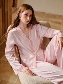 MOTF PREMIUM WOMEN'S LACE TRIM TOP AND LONG PANTS CASUAL DAILY HOME SLEEPWEAR SET - Pink - View 1
