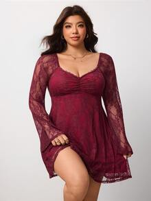 Enliva Plus Size Burgundy Lace Bell Sleeve Mini Dress Compatible With Apple Body - Burgundy - View 3