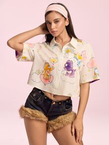 SHEIN X Care Bears قميص نسائي بأزرار مطبوع عليه رسومات كرتونية - لون مشمشي - مشاهدة 9