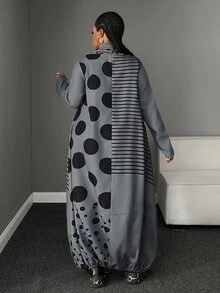 Maweii Plus Size Vintage Polka Dot & Striped Patchwork Dress, Semi-High Neck With Drawstring, Tulip Hem, Slouchy Long Dress - Dark Grey - View 4