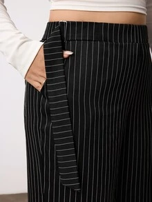Enliva بنطلون بدلة نسائي مقاس كبير مخطط باللونين الأسود والأبيض مع حزام، مناسب للخريف، للجسم التفاحي والجسم المستدير - متعدد الألوان - مشاهدة 8