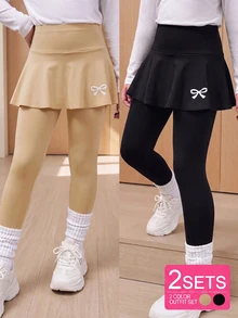 SHEIN 青少年女孩緊身褲，休閒制服風可愛優雅 2 合 1 裙褲，附蝴蝶結圖案，適合春、秋、夏，適合學校穿著，灰色黑色 - 彩色 - 查看 1