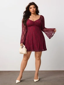 Enliva Plus Size Burgundy Lace Bell Sleeve Mini Dress Compatible With Apple Body - Burgundy - View 5