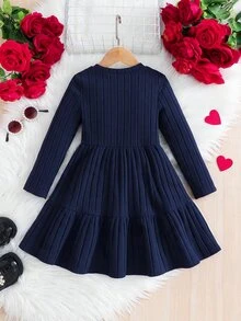 SHEIN 女童紅色條紋天鵝絨A字冬季洋裝，優雅長袖仙女風洋裝，適合秋季生日派對、聖誕節與搭配穿著 - 藍色 - 查看 3