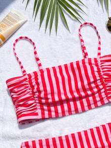 Swim Vcay Spring/Summer 2 Pieces Women's Beachwear Set, Fashionable Cute Sexy Vacation Seaside Swimming Pool Party Random Print Striped Multicolor Bandeau Top And Ruched Bikini Bottoms - Multicolor - View 8