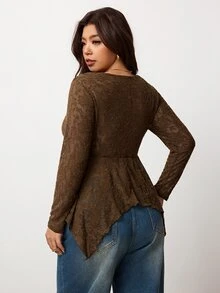 Enliva Plus-Size Women's Retro Lace Brown Top, For Autumn Pear Body,Triangle Body - Brown - View 2
