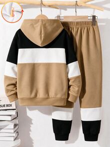 SHEIN 青少年男孩休閒極簡長袖連帽舒適衛衣2件套，可愛酷炫皇冠圖案印花，經典文字「King」與K字母圖案，適合秋冬返校季 - 彩色 - 查看 3