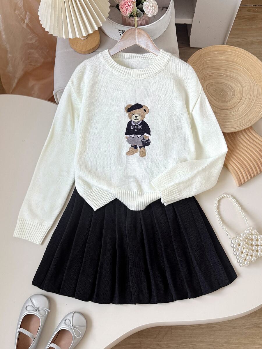 SHEIN 青少年女孩卡通熊圓領長袖毛衣與百褶針織裙套裝 - 藍色 - 查看 1