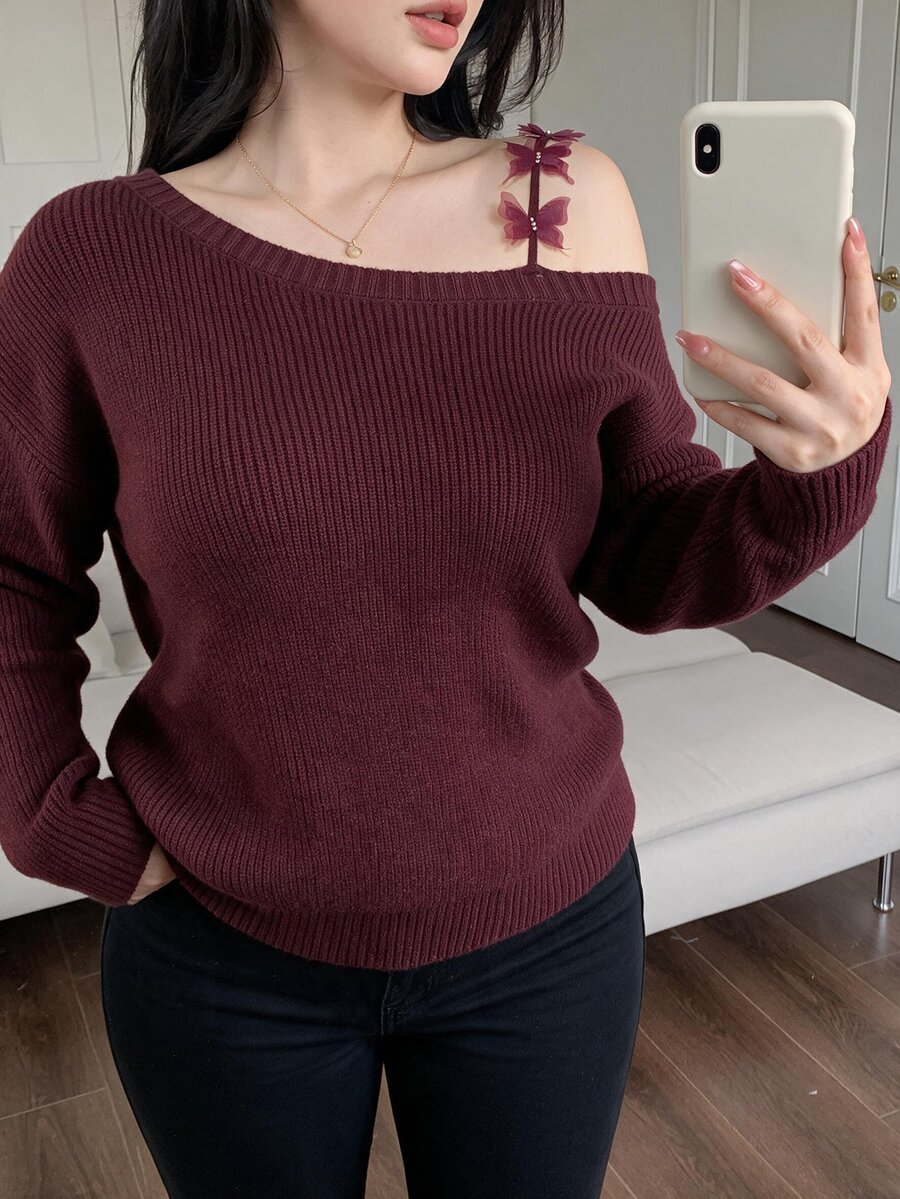 Feyla Plus Size Women Solid Color Cold Shoulder Casual Daily Wear Sweater - Burgundy - View 1