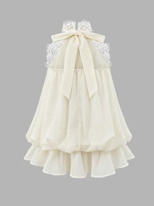 Tween Girl Tween Girl Apricot Patchwork Lace Trim Stand Collar Halter Neck Tie Mini Dress - Apricot - View 11