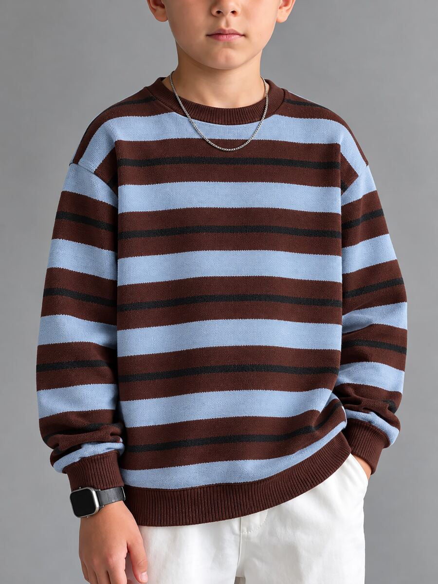 Boys' Vintage Preppy Style Crew Neck Sweatshirt, Brown Blue And Black Striped Pattern, Ribbed Collar Cuffs And Hem, Casual Everyday Wear For Spring Autumn Winter - Multicolor - View 1