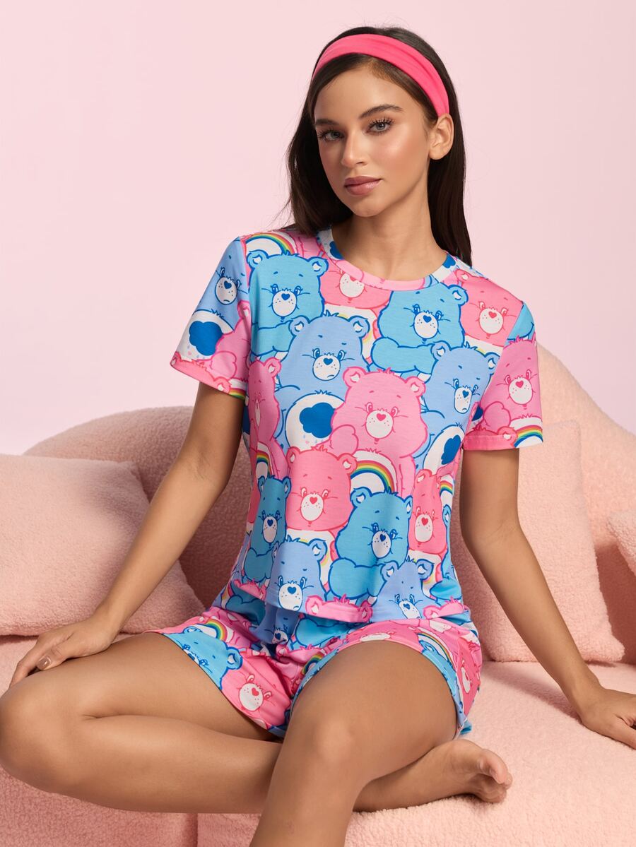 SHEIN X Care Bears 女款卡通印花短袖上衣與短褲休閒居家睡衣套裝 - 藍色 - 查看 1