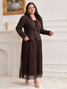 Modelyn Plus Size Women Solid Color Shawl Collar Long Sleeve Jacket And Sequin Spaghetti Strap Dress Elegant 2 Pieces Set - Coffee Brown - View 5