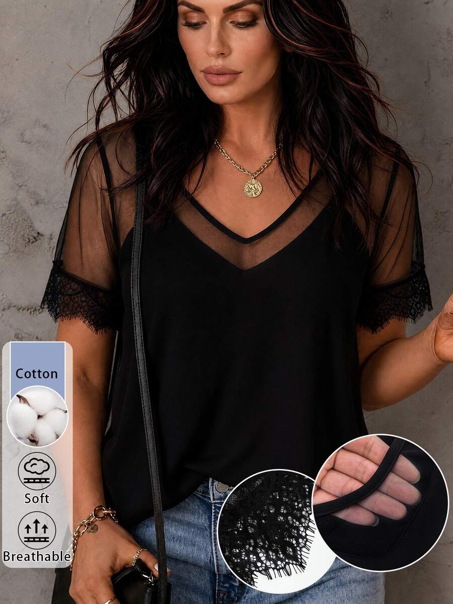 Linhara CURVE Versatile Premium Mesh & Lace Trim Plus Size Women's Top - Black - View 1