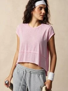 VARSIVA Women's Solid Color Round Neck Cap Sleeve Asymmetric Sports T-Shirt - Multicolor - View 7