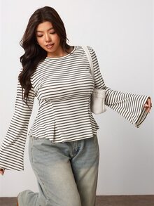 Enliva Plus Size Striped Knit Waist Defined Peplum Top For Pear Body Triangle Body - Apricot - View 4