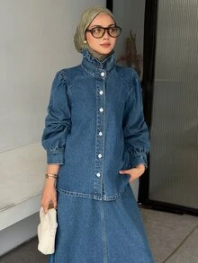 DAZY Women's Single-Breasted Petal Sleeve Jacket And Skirt Casual Denim Set - Blue - View 1