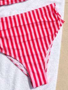 Swim Vcay Spring/Summer 2 Pieces Women's Beachwear Set, Fashionable Cute Sexy Vacation Seaside Swimming Pool Party Random Print Striped Multicolor Bandeau Top And Ruched Bikini Bottoms - Multicolor - View 7