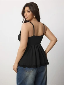 Enliva Plus Size Women's Elastic Lace-Trimmed Black Camisole Apple,Rounded Body - Black - View 2