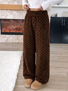 SHEIN 青少年女孩寬鬆休閒百搭抽繩口袋寬腿運動長褲 米色格紋紋理冬季長褲 - 彩色 - 查看 5