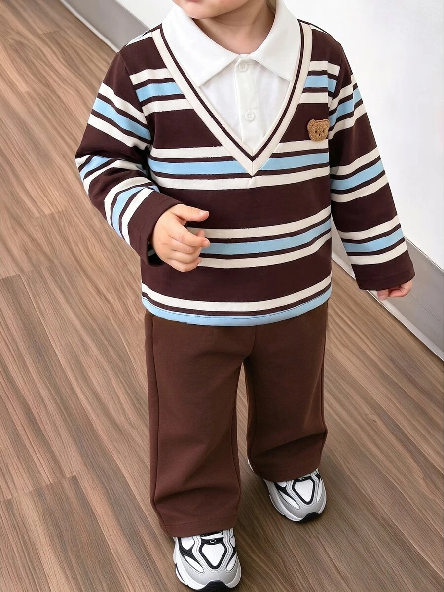 SHEIN 2pcs/Set Boys' Preppy Outfit, Color Block Stripes & Bear Applique Embroidery, Lapel Long Sleeve Top With Straight Pants, Daily School, Spring/Autumn - Brown - View 1