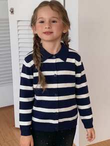 Hapijoa Young Girl Fall Clothes Young Girl) Patchwork Contrast Color Ruffle Trim Fitted Long Sleeve Round Neck Drawstring Tie Casual Cardigan - Navy Blue - View 5